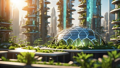 Ecological future city concept with carbon neutral footprint against global warmth. Green city solutions. Smart city. Solar Punk.
