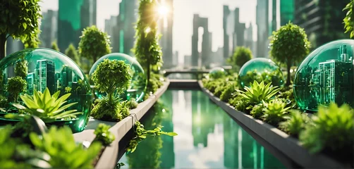 Foto op Plexiglas Ecological future city concept with carbon neutral footprint against global warmth. Green city solutions. Smart city. Solar Punk. © Kai Köpke