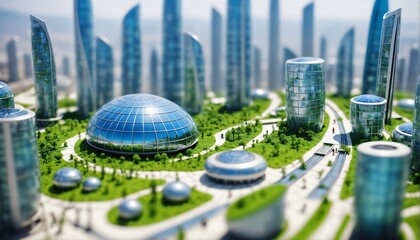 Ecological future city concept with carbon neutral footprint against global warmth. Green city solutions. Smart city. Solar Punk.