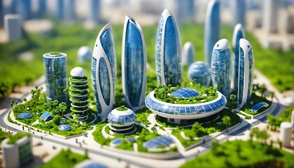 Ecological future city concept with carbon neutral footprint against global warmth. Green city solutions. Smart city. Solar Punk.