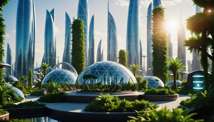 Ecological future city concept with carbon neutral footprint against global warmth. Green city solutions. Smart city. Solar Punk.