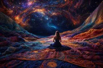 Fotobehang A Girl sitting on a dream escape - Fantacy world galaxy staring girl © Unsake