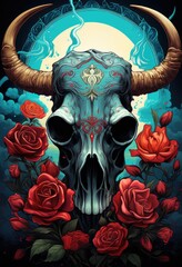 A skull with horns and roses on a dark background