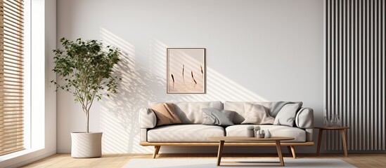 Real photo of a wooden table and grey settee in a natural living room with blinds and gallery With copyspace for text