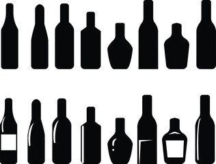 Set of linear alcohol bottles vector icons. Line black silhouette with wine, cognac, champagne, beer bottle . Alcohol collection.