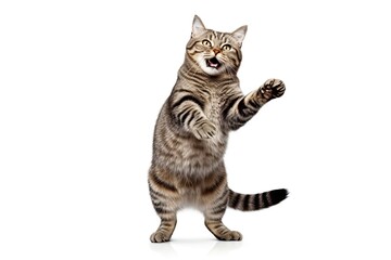 a tabby cat standing up with his arms outstretched isolated on white background - obrazy, fototapety, plakaty