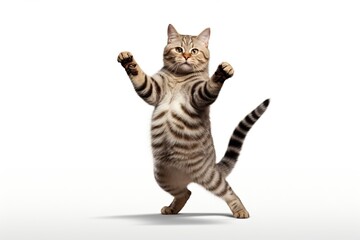 a tabby cat standing up with his arms outstretched isolated on white background - obrazy, fototapety, plakaty