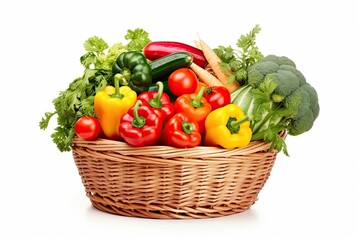 a basket full of vegetables isolated on white background
