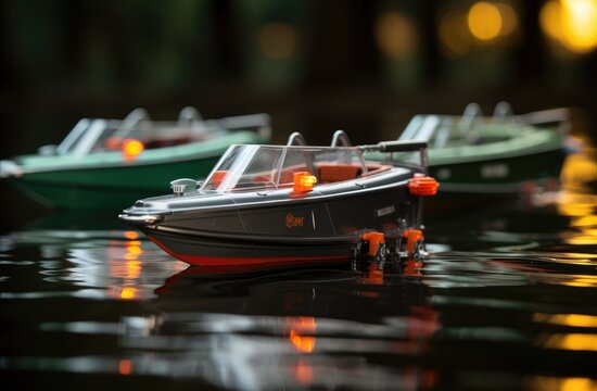 A serene row of small boats floating on a peaceful body of water