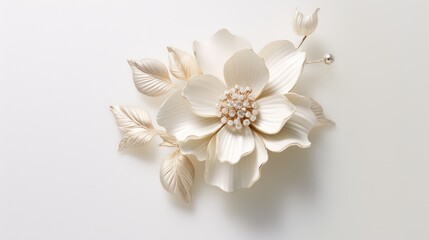 A beautiful white flower brooch on a white background. The brooch is made of white enamel and has a gold stem and leaves. The center of the flower is adorned with small pearls. - obrazy, fototapety, plakaty