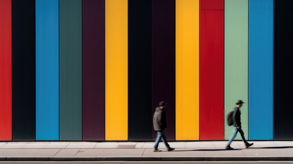 Two people walking past a vibrant and colorful building