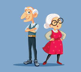 Happy Senior Man and Woman Standing Together Vector Cartoon Characters. Couple in a long-lasting marriage of a lifetime smiling aging with grace
