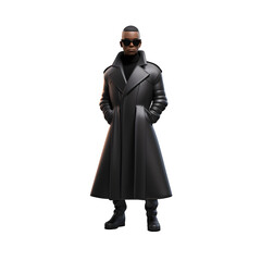 3d cartoon man in black coat trendy winter Fashionable confident in glamour fashion model, color sunglasses, Full body Standing posing idea concept design, isolated on white background