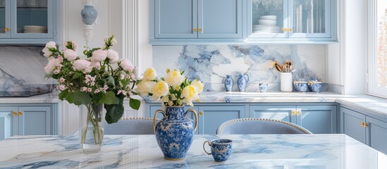 Provence style apartment with a marble countertop adorned by vases and flowers The kitchen island and dining table are set with tableware The classic interior design room features blue furn