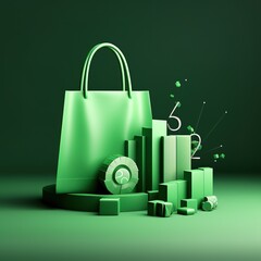Christmas sale. New Year discounts. Realistic 3d object design, Dark big percentage sign. Green Shopping bag. Fashion Stylish trendy background. Valentine's Day, Ai generated