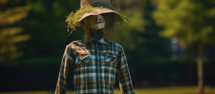 Scarecrow like lady wears hat plaid stands on lawn With copyspace for text