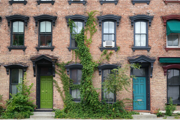 Old fashioned 19th century brick townhouses with vines and ornate window frames