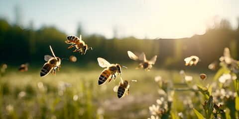 bee on the field,bee, fly, animal, pollen, honey, bumblebee, garden, yellow, flying generative ai - obrazy, fototapety, plakaty