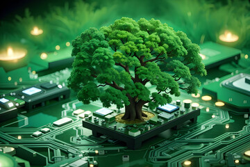 Tree growing on the converging point of computer circuit board. Green computing, Green technology, Green IT, CSR, and IT ethics. Concept of green technology. Environment green technology. High quality