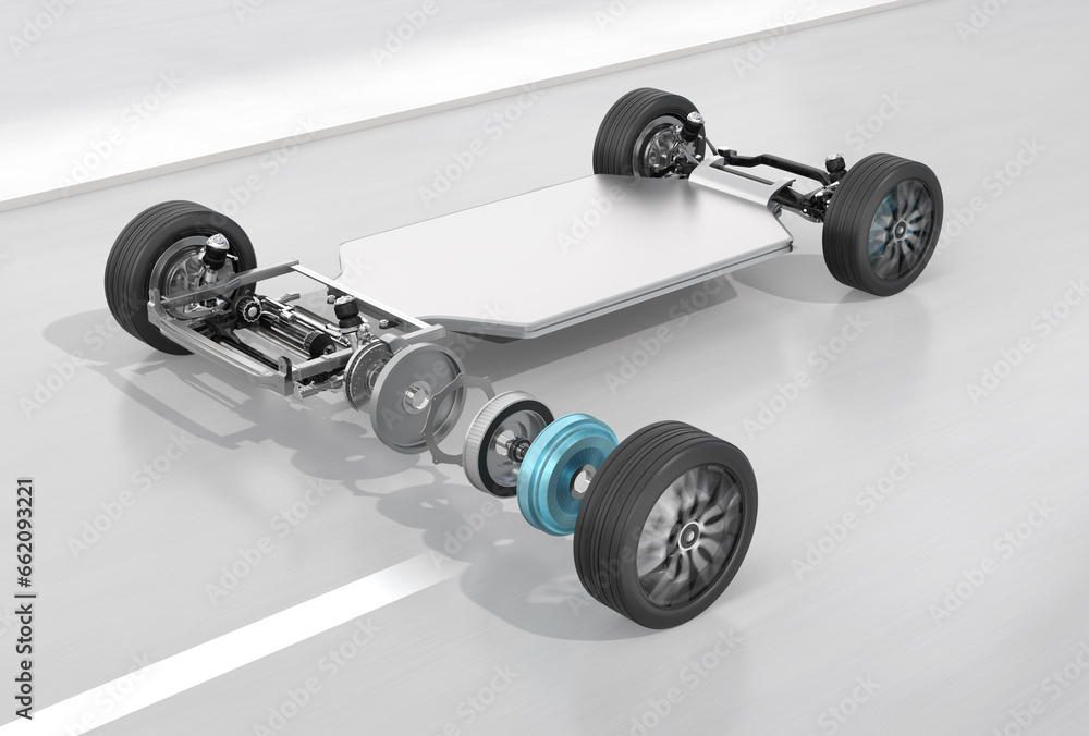Poster technical drawing of electric car equipped with in-wheel motors in exploded view. generic design. 3d
