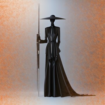 Willowy warrior woman, with weapon. AI-generated illustration of the silhouette of a tall, svelte fashionable warrior woman mannequin and her weapon of choice. MidJourney.