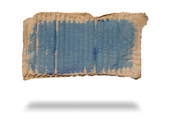A sheet of corrugated paper is torn and painted with watercolors, floating in the air, with shadows. Old blank paper with a white background.