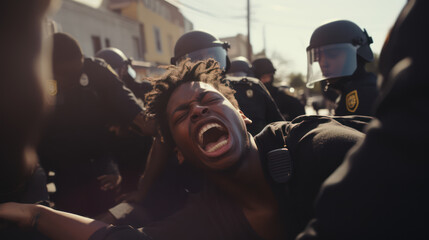 Protesters arrested by police, concept of riots during demonstrations - obrazy, fototapety, plakaty