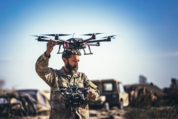soldier reaches for a drone with bomp