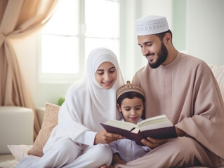Happy Muslim family reading Quran during Ramadan, religious family concept
