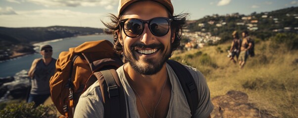A Handsome man wearing hat and sunglasses taking selfie picture on vacation day - Happy backpacker smiling, Generative AI - obrazy, fototapety, plakaty