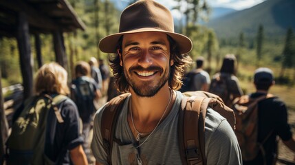 A Handsome man wearing hat and sunglasses taking selfie picture on vacation day - Happy backpacker smiling, Generative AI