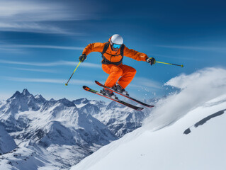 Fototapeta na wymiar Skier jumping down a hillside in snow covered mountains on the background of a sunny day with blue sky