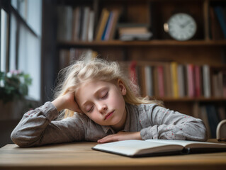 Portrait of tired school girl closing her eyes and sleeping on classroom desk during class