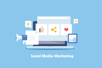 Concept of social media marketing, audience interactions like, share, on laptop screen, post content digital promotion strategy vector illustration web banner. - obrazy, fototapety, plakaty