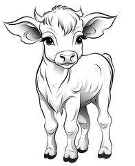 **coloring page for baby, cow, cartoon style, thick line, low detailm no shading 