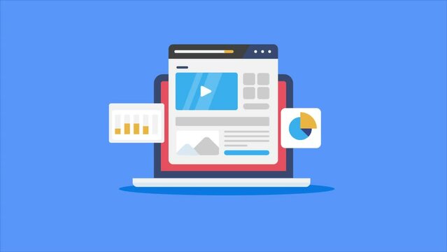 Website content page on laptop screen, SEO graph and chart, data analytics online business search marketing paid media campaign video animation 2d clip.