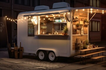 A white food truck with a cozy interior and warm light in a modern city. Takeaway food and drinks are available. Generative AI