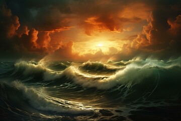 Scenic view of ocean waves, storm clouds, and sunlight glow. Generative AI