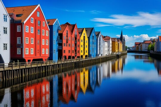 Vibrant canal-side architecture in Trondheim, Norway. Generative AI