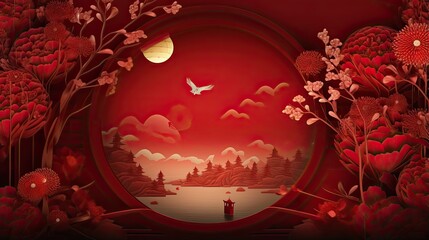 Chinese spring festive banner ornament on red background. Happy new year.