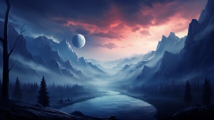 Epic fantasy view with a moon. Generative ai