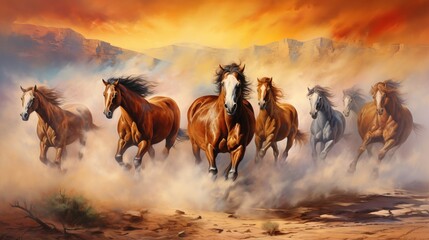 Group of horses running in the field illustration. Generative ai