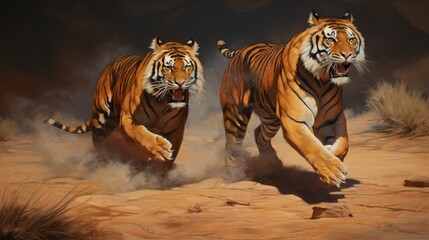 Tiger couple running in the field. Generative ai