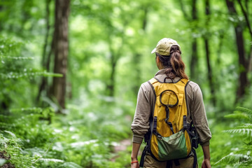 Rear view of environmental conservation woman worker investigate with backpack in background of forest. Ecosystem concept of environment and nature. - obrazy, fototapety, plakaty