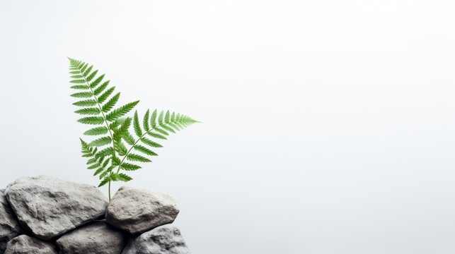 A green and vibrant image of a fern leaf on a pile of rocks. The fern leaf is symmetrical and has a curved shape that follows the natural pattern of the plant. The rocks are rough and gray