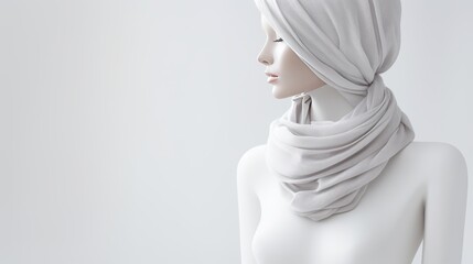 A mysterious and artistic image of a mannequin with a white scarf The image creates a contrast between the human-like shape and the abstract elements. - obrazy, fototapety, plakaty
