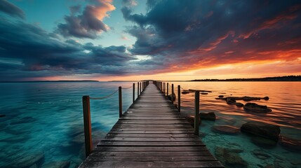 Illustration of a bridge in the coast with epic sky, beautiful sunset, sunrise, suitable for your wallpaper. Generative ai