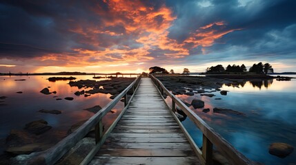 Illustration of a bridge in the coast with epic sky, beautiful sunset, sunrise, suitable for your wallpaper. Generative ai
