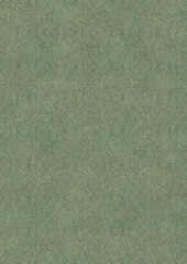 Hand-drawn unique abstract seamless ornament. Dark green on light warm green background, with splatters of golden glitter. Paper texture. Digital artwork, A4. (pattern: p10-1f)
