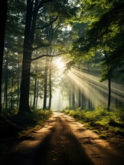 green forest trees with sun ray background, Generative AI